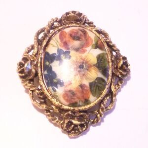 Vintage Ornate Gold Tone Framed Floral Glass Picture Cameo Brooch